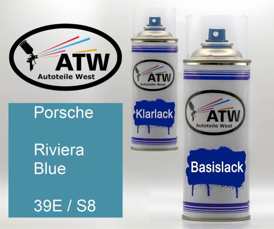 Porsche, Riviera Blue, 39E / S8: 400ml Sprühdose + 400ml Klarlack - Set, von ATW Autoteile West.